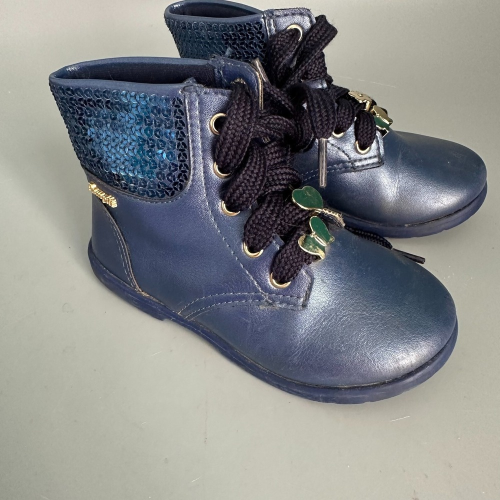 Pablosky Girls Metallic Navy‎ Blue Sequin Lace Up Ankle Boots Butterfly Charms